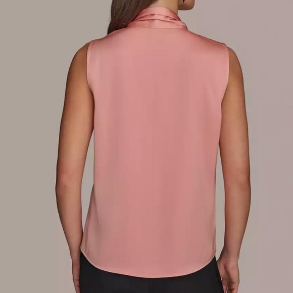 Donna Karan peach satin sleeveless tie neck detail hidden button down blouse - Picture 5 of 14